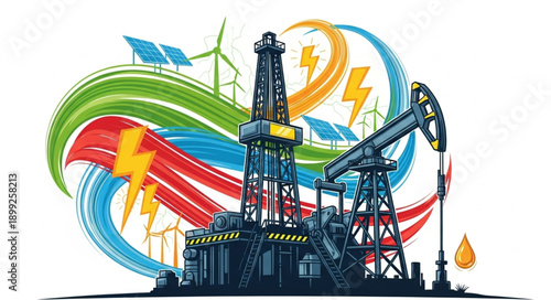 Oil Rig and Renewable Energy Sources Illustration.