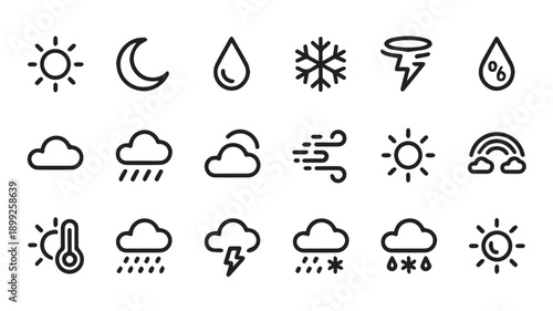 Collection of 20 weather forecast icons including sun, moon, rain, snow, clouds, wind, and rainbow symbols for meteorological representation