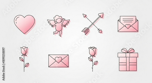 Valentine's day icons set with hearts roses cupid gift and love letters in pink hues