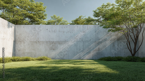 A minimalist scene showcasing a grassy area bordered by a concrete wall and trees