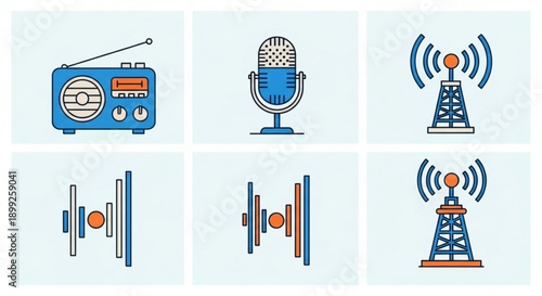 Radio broadcasting icons set with microphone and signal tower in blue and orange on light background