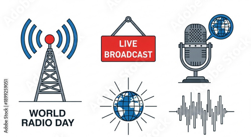 World radio day illustration with radio tower live broadcast sign microphone and global connectivity symbols on white background
