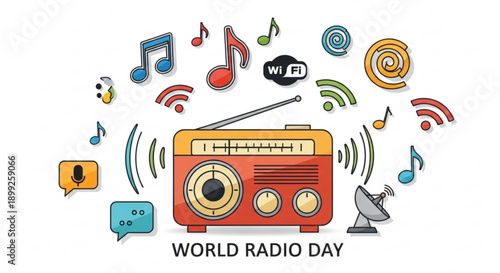 Vibrant world radio day illustration featuring retro radio and music symbols surrounding the device