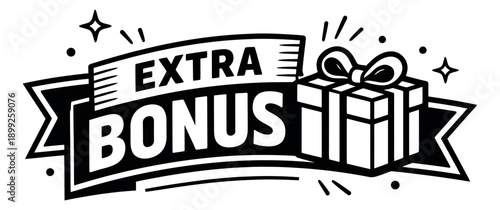 Graphic line art illustration of a ribbon banner and gift box depicting an extra bonus offer for marketing