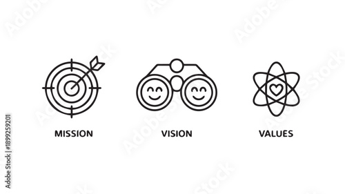 Minimalist black and white line art vector icons representing essential business principles mission, vision, and values, ideal for corporate strategy and branding