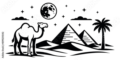 Graphic illustration of a desert landscape depicting a camel, pyramids, and a palm tree under a full moon for travel and adventure