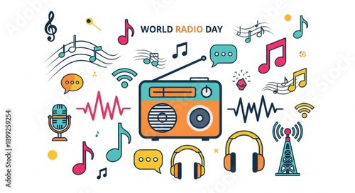 Vibrant world radio day illustration featuring colorful radio headphones and musical notes on white background celebrating global broadcasting