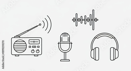 Simple line icons representing radio broadcasting elements including a radio microphone sound wave and headphones on a clean white background
