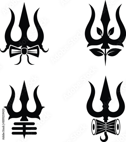 Set of Four Black Vector Trishul Icons Featuring Damru and Tripundra Symbols for Hindu Festival Mahashivratri and Lord Shiva Religious Spiritual Graphic Design Elements