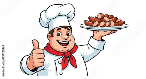 Happy chef in a white uniform and hat giving a thumbs up while holding a large plate of sliced grilled sausages for a menu.