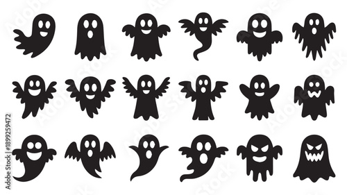 A Diverse Collection of 16 Unique and Expressive Ghost Icons for Spooky Halloween Designs and More