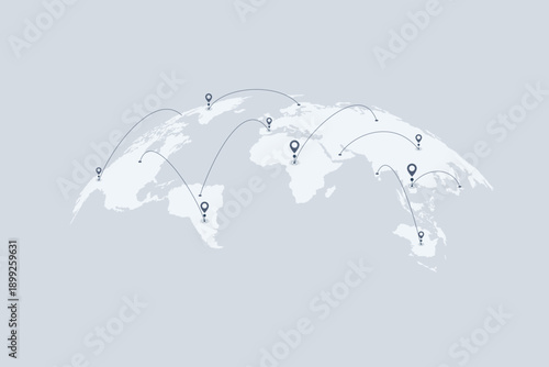 Global network or business with pin locations on a world map, representing worldwide presence, international connections, and global reach.