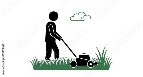 Person mowing lawn with lawnmower in grass with clouds.