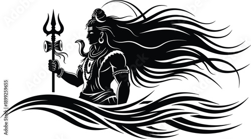 Divine Lord Shiva Silhouette Vector Illustration with Long Flowing Hair and Trishul Damru for Mahashivratri Festival and Spiritual Hindu Religious Tattoo Art Design