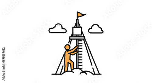 Person climbing ladder to reach mountain peak flag success.