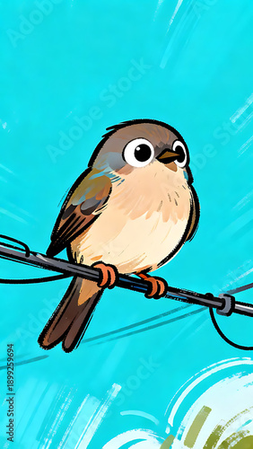 Playful cartoon bird perched on a powerline against a bright blue sky, with blurred green leaves and dynamic motion streaks, seen from a side view