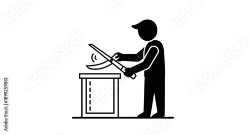 Person cutting wood with saw icon.