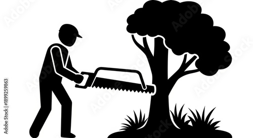 Person cutting tree with saw icon silhouette.