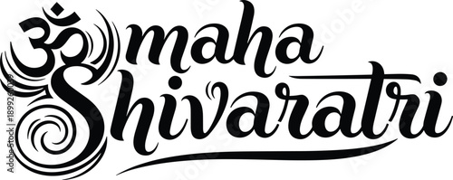 Elegant black and white Maha Shivaratri calligraphy with Om symbol and decorative swirls for Hindu festival greeting cards, spiritual posters, and religious celebration designs