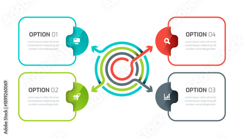 Business Infographic Template with Arrow, Thin Line, Four Number and Icon for Presentation