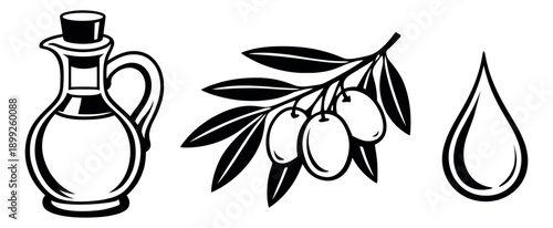 Line art olive oil elements set featuring a cruet, an olive branch, and an oil drop for culinary themes and natural products