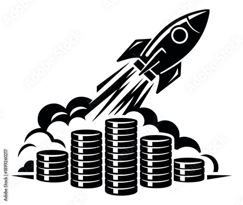 Stylized graphic illustration of a rocket and coin stacks depicting financial growth and startup success for business and finance concepts