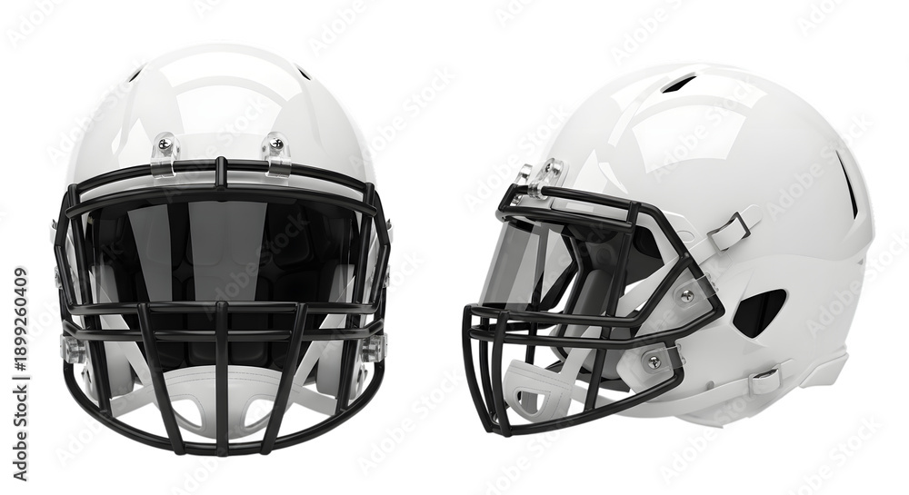 Fototapeta premium Two white football helmets with black face guards on transparent background