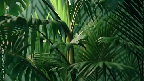Lush Tropical Jungle Foliage with Sunlight Filtering Through Leaves.