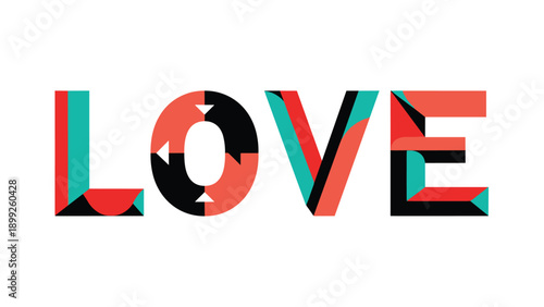 Bold and modern love text graphic featuring colorful geometric shapes and creative letterforms in a flat design.