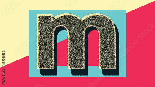 Stylized lowercase letter m design with a grainy texture set against a vibrant blue and red geometric background.