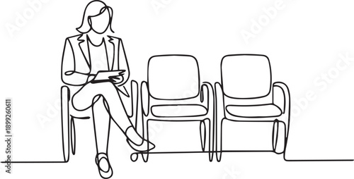 Woman sitting in waiting room chair reading book, waiting for appointment or flight, calm atmosphere, simple line art illustration