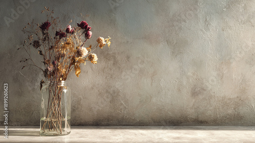 A delicate display of dried flowers in a glass vase against a textured backdrop. The composition evokes a sense of timeless beauty and muted elegance.