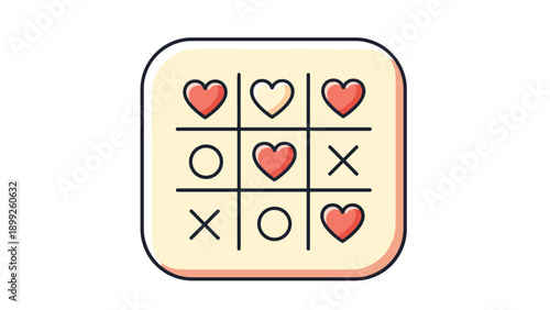 Fun tic tac toe game board design featuring red hearts alongside circles and crosses on a rounded beige square.