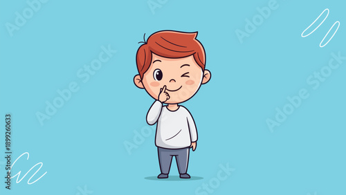 Cheerful cartoon boy winking and pointing at his cheek while standing against a bright blue textured background.