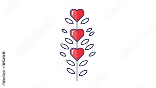 Abstract vertical plant stem featuring three vibrant red hearts and small black leaves in a clean modern design.
