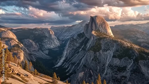 Majestic Yosemite Valley Half Dome Dramatic Sunset Clouds Landscape.