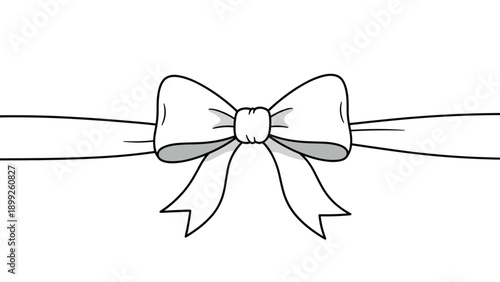 Simple black and white line drawing of a decorative ribbon bow is an ideal element for gift wrapping designs or festive invitations.
