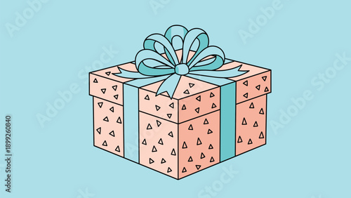 Pink gift box decorated with small triangles and tied with a large blue ribbon bow is ready to be presented for a special celebration.