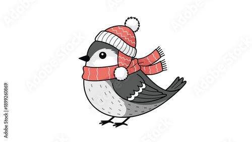 Cute little bird wearing a red striped hat and a matching scarf stands ready to brave the cold winter weather with style and warmth.