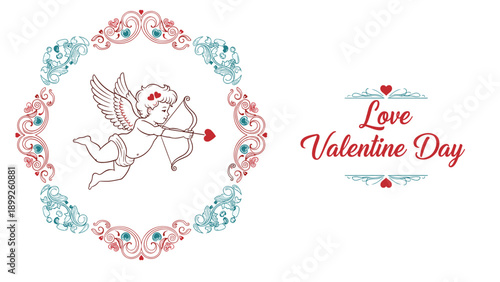 Vintage style Valentine's Day greeting card features Cupid with his bow and arrow surrounded by an ornate decorative floral frame.