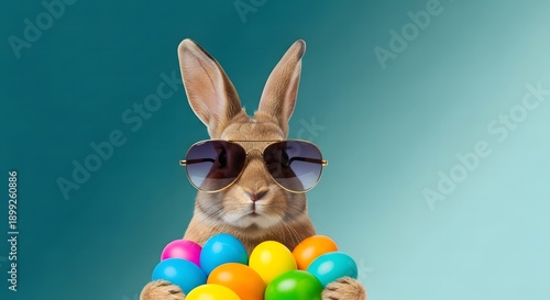 Cool easter bunny wearing shades holding colorful eggs