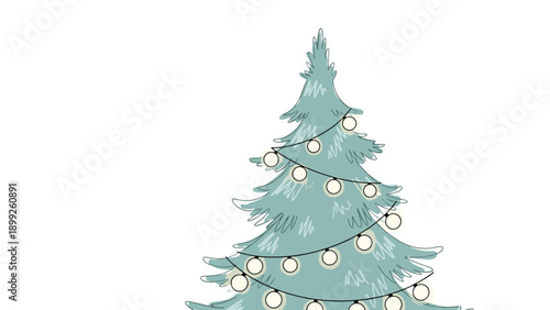 Simple illustration of a green Christmas tree decorated with a glowing string of warm lights stands tall against a plain white background.