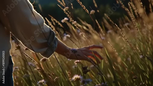 Persons Hand Gently Brushing Through Tall Grasses in Golden Sunlight.