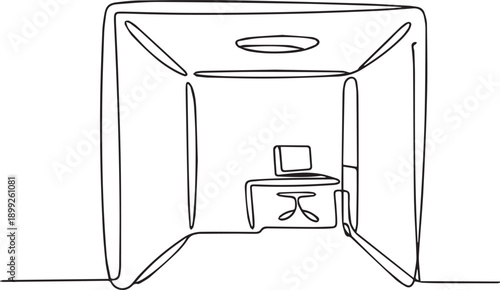 A simple line drawing of a computer workstation in a minimalist room viewed from the front