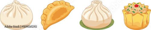 Asian Dumpling Set with Bao Bun, Gyoza and Steamed Dim Sum Flat Cartoon Illustration Isolated
