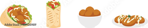 Middle Eastern Food Set with Shawarma Wrap, Falafel Bowl and Gyro Flat Cartoon Illustration