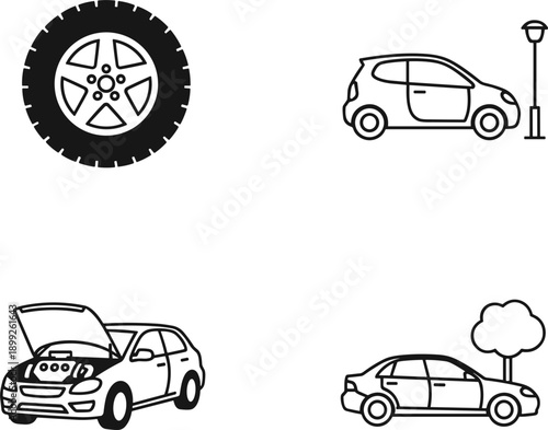 Car service and parking outline icons set featuring vehicle maintenance, repair, roadside assistance, and urban transportation concepts design