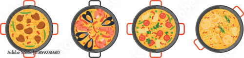 Paella Pan Set with Seafood, Chicken and Vegetable Spanish Rice Dish Flat Cartoon Illustration