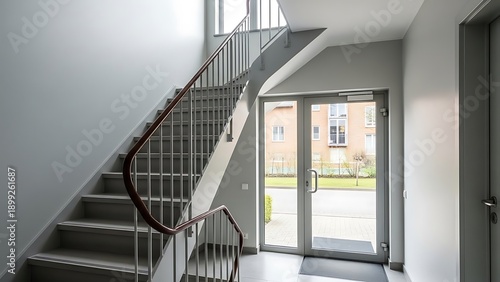 Architectural photography showcases modern stairway and building entrance