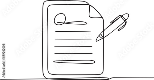 A pen is poised over a document ready for signing on a flat surface viewed from the side